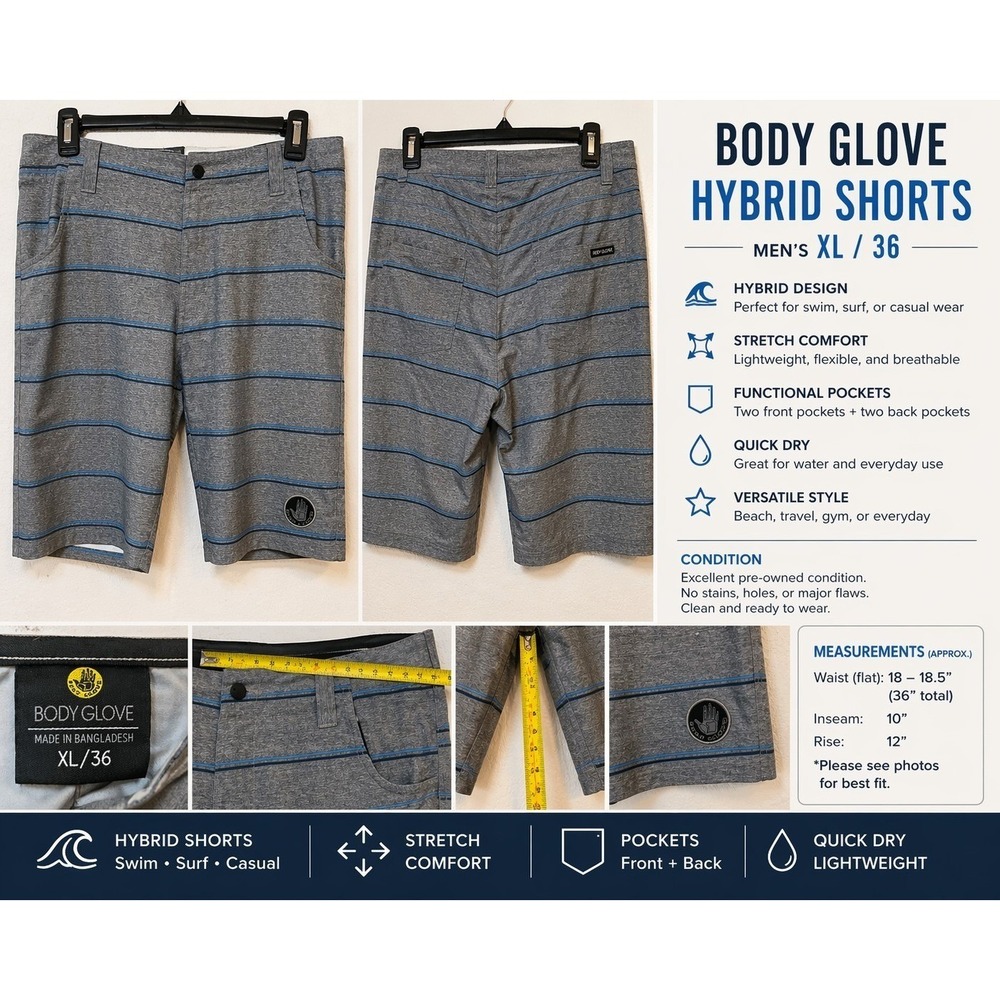 Body Glove Hybrid Shorts Men's 36 XL Gray Blue Striped Surf Swim Casual Stretch